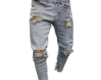 Land of Nostalgia Men/'s Casual Skinny Ripped Hole Trousers Denim Pants Jeans