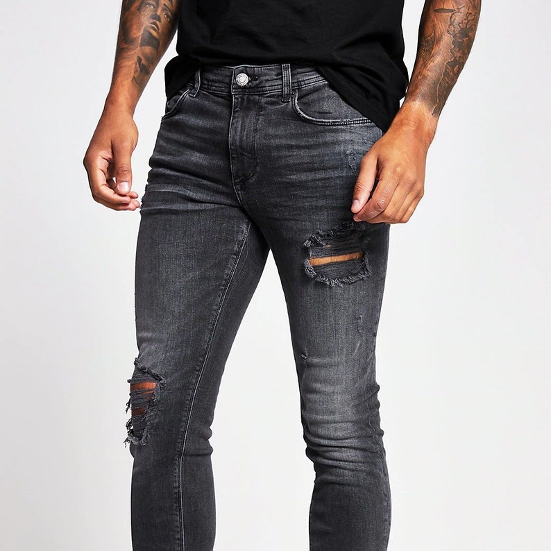 Land of Nostalgia Men/'s Casual Skinny Ripped Hole Trousers Denim Pants Jeans