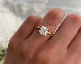 Cushion Cut Moissanite Engagement Ring Gold, Cushion Solitaire Ring For Women, Plain Band Ring, Classic Bridal Fine Jewelry