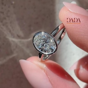 2.00CT Oval Lab Grown Diamond Engagement Ring: 14k White Gold Bezel Solitaire