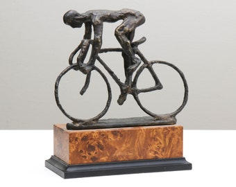 Vintage Brutalist Style Metal Sculpture of Man on Bicycle on Faux Burl Wood Base, Late 20th Century, 1970s/1980s
