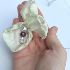 Handmade Cream Orchid Pendant, Satin Flower, Beaded Floral Accessory, Lightweight Statement Jewelry, Pearl and Gemstone Pendant