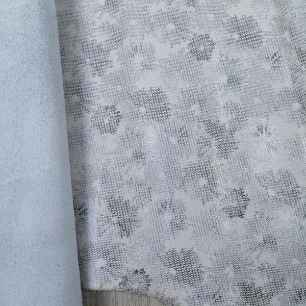 FLORAL PRINTED shiny grey tones leather sheets /shiny floral printed suede leather pre-cut pieces. Soft shimmer suede leather sheets