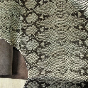 SILVER BROWN SNAKE embossed leather sheets /brown snake look leather pre-cut pieces/shiny reptile style pattern leather/snake print leather