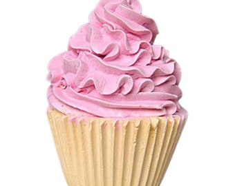 May include: A decorative cupcake with pink frosting and a light yellow, ridged cupcake liner. The frosting is swirled in a decorative pattern. The cupcake is set against a white background.