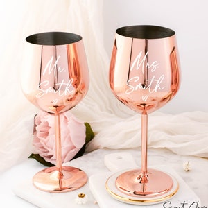 Engagement Wine Glass / Personalized Bride Wine Glass / Wedding Wine Glass / Rose Gold Stainless Steel Glass / Gift for Bride to be Mr Mrs