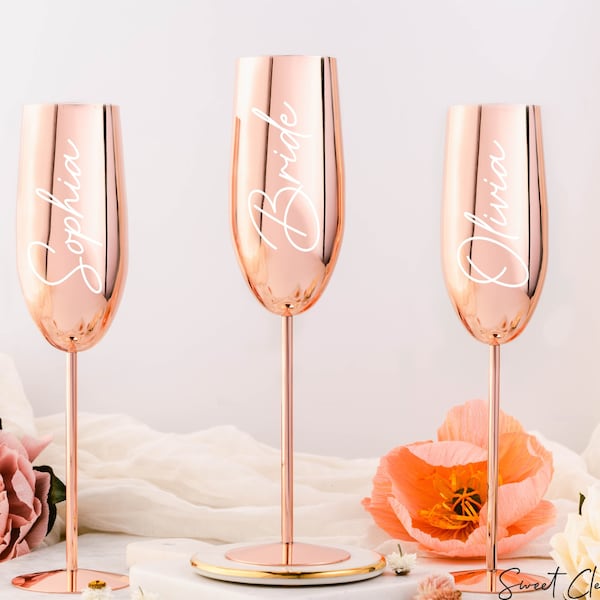 Personalized Champagne Glasses / Stainless Steel Bridesmaid Flute / Anniversary Gift / Bridal Shower Gift / Rose Gold Stem Champagne Glass