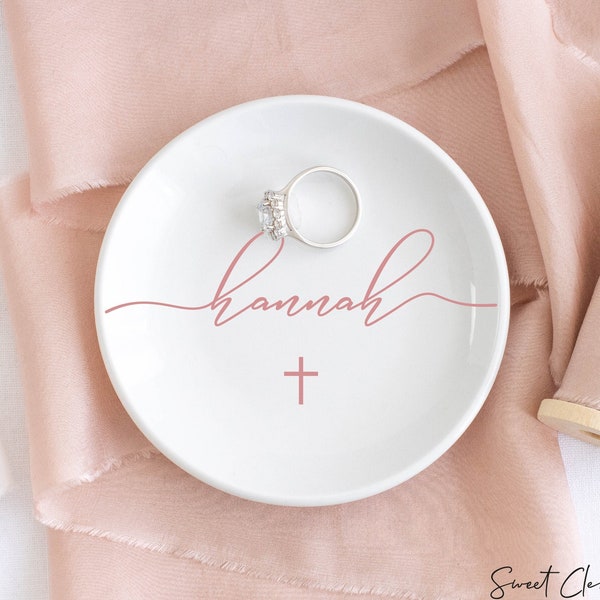 First Communion Gift Girl / Goddaughter Gifts for Baptism / Baptism Gift Girl / Confirmation Girl Jewelry Dish / Custom Ring Dish with Cross