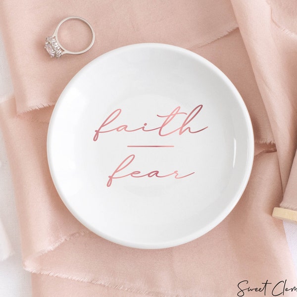 Faith over Fear Gifts for Women, Faith Jewelry Dish, Strength Trinket Dish, Motivational Bible Verse Ring Dish, Custom Jewelry Dish for Her