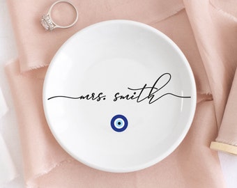 Greek Wedding Gift for Bride, Evil Eye Trinket Dish, Mrs Jewelry Dish, Greek Gift for Bride, Evil Eye Engagement Gift, Wedding Ring Holder