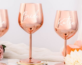 Rose Gold Wine Glass / Stainless Steel Wine Glass / Personalized Bridesmaid Gift / Gifts for Her / Unbreakable Stem Glasses / Wedding Gifts