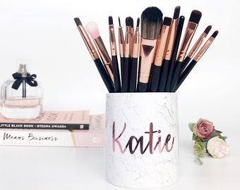 Rose Gold Brush Holder | Personalized Makeup Brush Pot Rose Gold Marble Office Decor Personalized Makeup Gift Marble Copper Desk Accessories