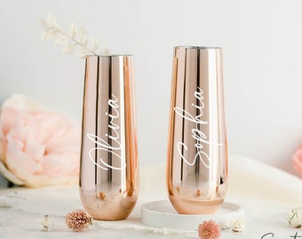 LIMITED STOCK Rose gold champagne flutes personalized champagne glasses bridesmaid proposal gift stemless flutes bridal shower party glasses