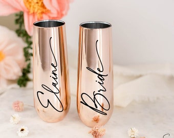 LIMITED STOCK Personalized champagne flutes stemless flute bridesmaid bridal party gift wedding bachelorette party wedding stemless flutes