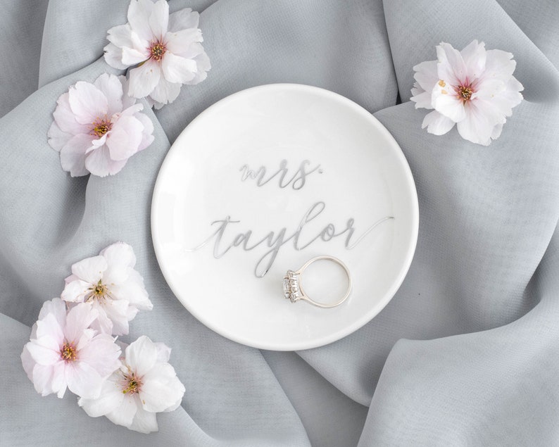 Personalized jewelry dish mrs ring dish bridal shower gift for bride wedding gift engagement gift engagement ring dish wedding ring tray Silver