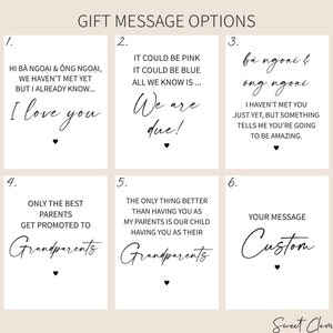 May include: A selection of six gift message options on white cards with black text. The messages include phrases like "I love you," "We are due!" and "Grandparents." Each card has a small heart at the bottom.