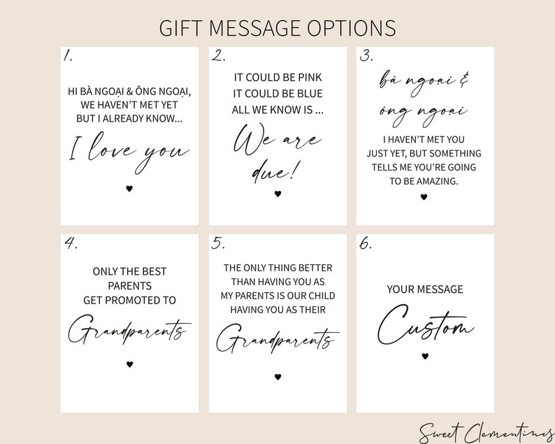 May include: A selection of six gift message options on white cards with black text. The messages include phrases like "I love you," "We are due!" and "Grandparents." Each card has a small heart at the bottom.