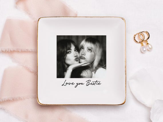 Personalized Bestie Photo Jewelry Dish: Ceramic Trinket Tray for Best Friend, Sentimental Birthday Gifts for Bestie #P3
