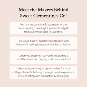 May include: Text on a pink background that reads "Meet the Makers Behind Sweet Clementines Co!"  The text is followed by four boxes with text describing the company's values and mission. The boxes are white with a pink border.