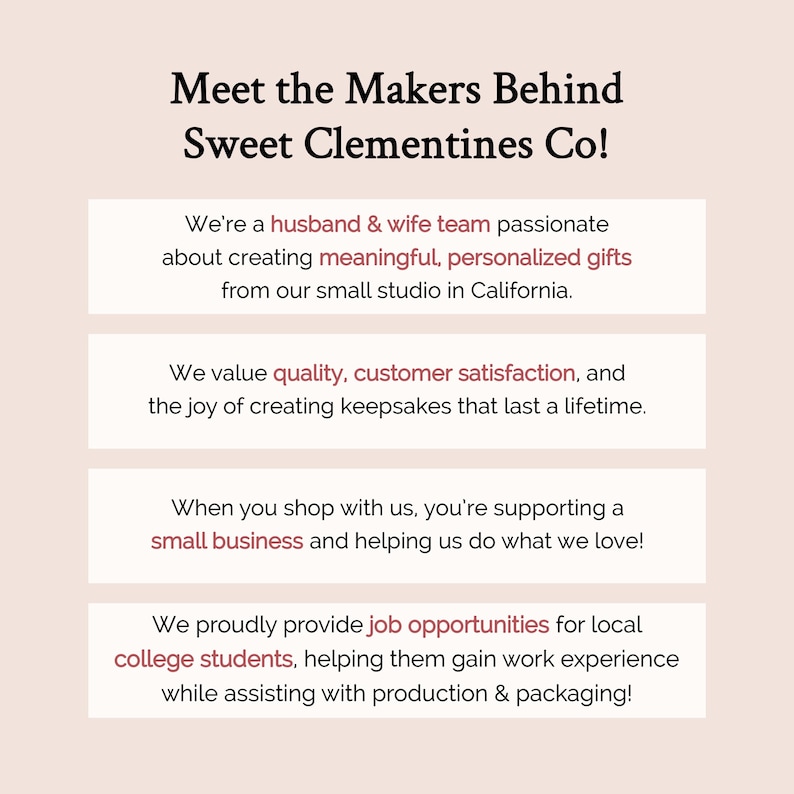 May include: Text on a pink background that reads "Meet the Makers Behind Sweet Clementines Co!"  The text is followed by four boxes with text describing the company's values and mission. The boxes are white with a pink border.