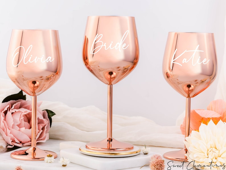 Rose Gold Wine Glass / Stainless Steel Wine Glass / Personalized Bridesmaid Gift / Gifts for Her / Unbreakable Stem Glasses / Wedding Gifts image 1