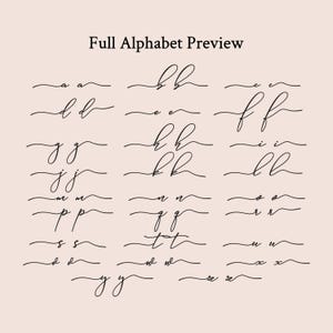 May include: Full alphabet preview of a handwritten font. Each letter is written in cursive and displayed on a line with a wavy underline.