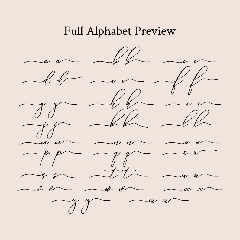May include: Full alphabet preview of a handwritten font. Each letter is written in cursive and displayed on a line with a wavy underline.