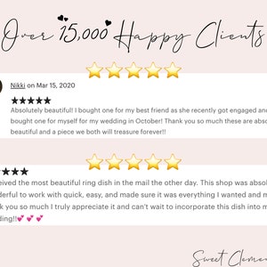 May include: Screenshot of a website with a testimonial from a customer who purchased a ring dish. The customer states that the ring dish is absolutely beautiful and that they bought one for their best friend and one for themselves for their wedding. The customer also states that they are very happy with the product and that they will treasure it forever. The testimonial is accompanied by five stars.