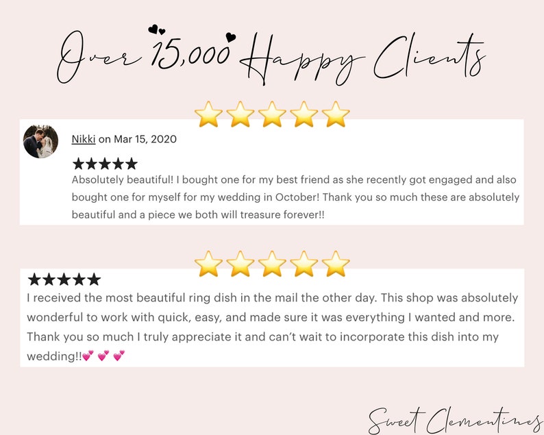 May include: Screenshot of a website with a testimonial from a customer who purchased a ring dish. The customer states that the ring dish is absolutely beautiful and that they bought one for their best friend and one for themselves for their wedding. The customer also states that they are very happy with the product and that they will treasure it forever. The testimonial is accompanied by five stars.