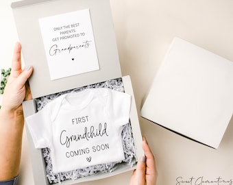 First Grandchild Announcement, Baby Announcement Gift Box, Pregnancy Reveal Grandparents Grandma Grandpa Baby Bodysuit Grandbaby Coming Soon