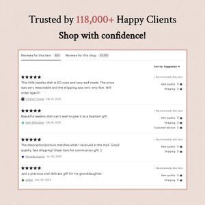 以下が含まれることがあります： Etsyショップの顧客レビューのスクリーンショット。テキストは「Trusted by 118,000+ Happy Clients」と「Shop with confidence!」です。レビューは商品の品質、配送、カスタマーサービスを強調しています。