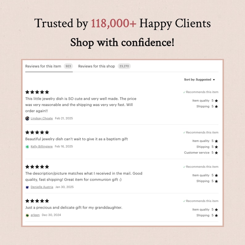 以下が含まれることがあります： Etsyショップの顧客レビューのスクリーンショット。テキストは「Trusted by 118,000+ Happy Clients」と「Shop with confidence!」です。レビューは商品の品質、配送、カスタマーサービスを強調しています。