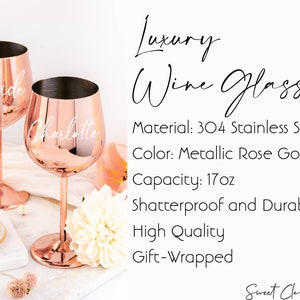 Rose Gold Wine Glass / Stainless Steel Wine Glass / Personalized Bridesmaid Gift / Gifts for Her / Unbreakable Stem Glasses / Wedding Gifts image 2