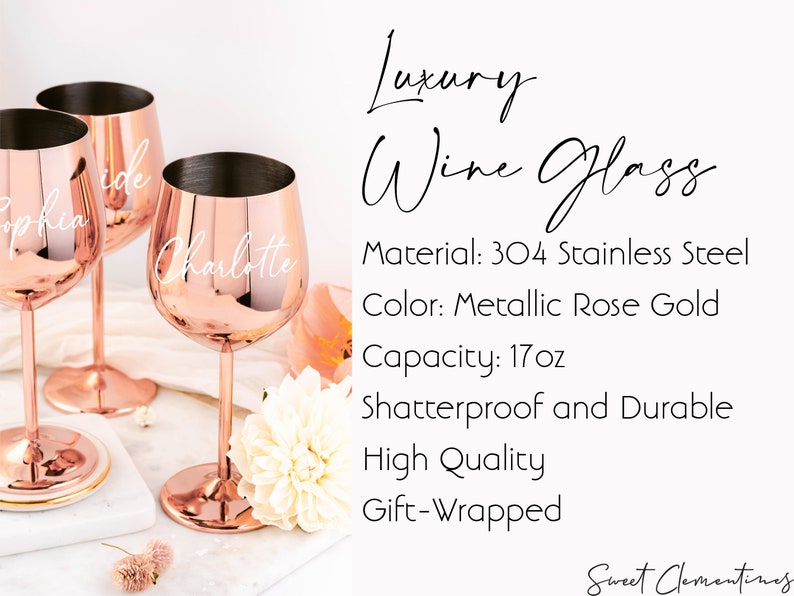 Rose Gold Wine Glass / Stainless Steel Wine Glass / Personalized Bridesmaid Gift / Gifts for Her / Unbreakable Stem Glasses / Wedding Gifts image 2