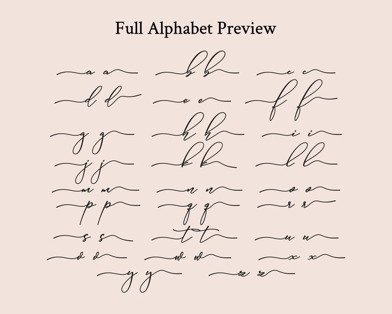 May include: A preview of a full alphabet in a cursive script. The letters are in black ink on a light peach background. The text "Full Alphabet Preview" is at the top of the image.