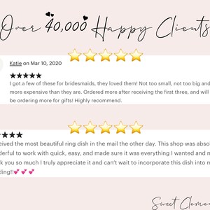 May include: Five-star reviews for a shop called "Sweet Clementines". The reviews highlight the shop's excellent customer service and high-quality products. One review mentions a beautiful ring dish, while another mentions ordering multiple items for bridesmaids.