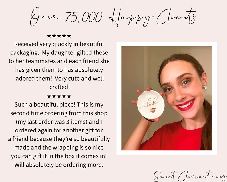 May include: A customer review for a shop called "Sweet Clementines" with a photo of a young woman holding a white ceramic trinket dish with the word "brook" written in gold cursive. The dish has a small gold graduation cap design. The review states that the customer is very happy with the product and the shop.