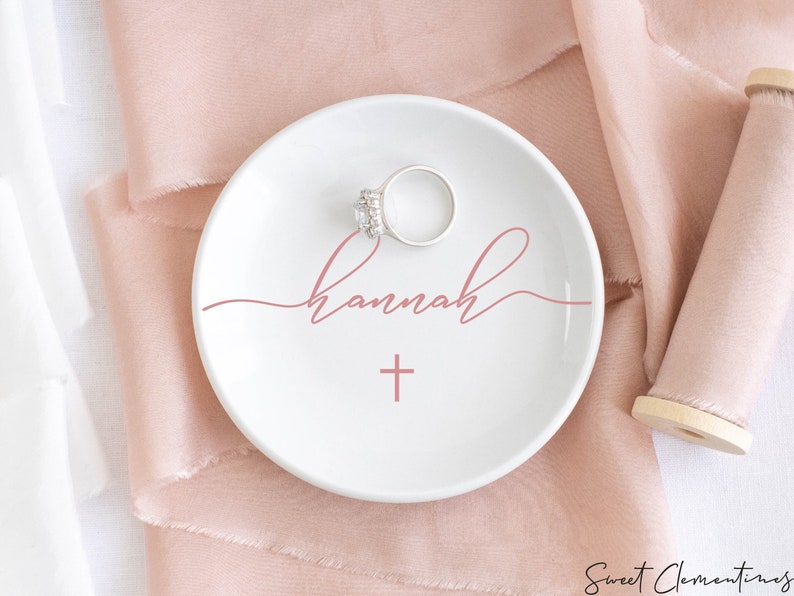 First Communion Gift Girl / Goddaughter Gifts for Baptism / Baptism Gift Girl / Confirmation Girl Jewelry Dish / Custom Ring Dish with Cross Rose Gold