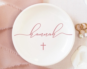First Communion Gift Girl, Goddaughter Gifts for Baptism Gift Girl, Confirmation Girl Jewelry Dish with Cross, Baby Girl Christening Gift