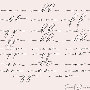 May include: A set of 26 handwritten alphabet letters in black ink on a light pink background. The letters are written in a cursive script style. The text "Sweet Clementines" is at the bottom of the image.