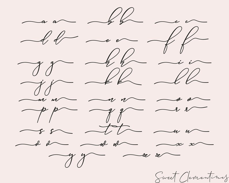 May include: A set of 26 handwritten alphabet letters in black ink on a light pink background. The letters are written in a cursive script style. The text "Sweet Clementines" is at the bottom of the image.