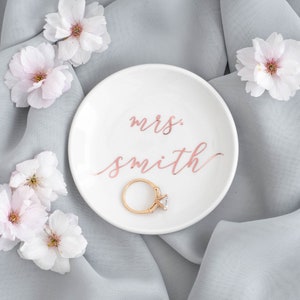 Personalized jewelry dish mrs ring dish bridal shower gift for bride wedding gift engagement gift engagement ring dish wedding ring tray Rose Gold
