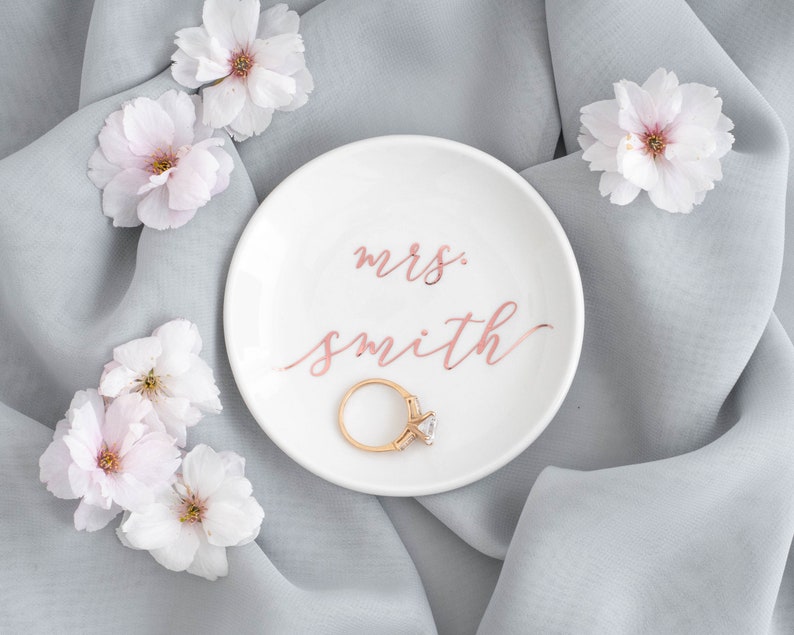 Personalized jewelry dish mrs ring dish bridal shower gift for bride wedding gift engagement gift engagement ring dish wedding ring tray Rose Gold