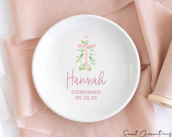First Communion Gift for Her, Personalized Baptism Gift, Jewelry Dish with Cross, Baby Girl Christening Gift, Goddaughter Confirmation Gift
