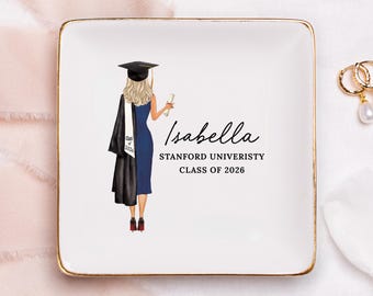 May include: White ceramic square trinket tray with gold trim. Features a graduation illustration with the name "Isabella", "Stanford University", and "Class of 2026" printed on the tray.