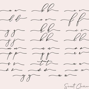 May include: A set of 26 cursive alphabet letters, each letter is written twice in a flowing script. The letters are written in black ink on a light pink background. The text "Sweet Clementines" is written in cursive at the bottom of the image.