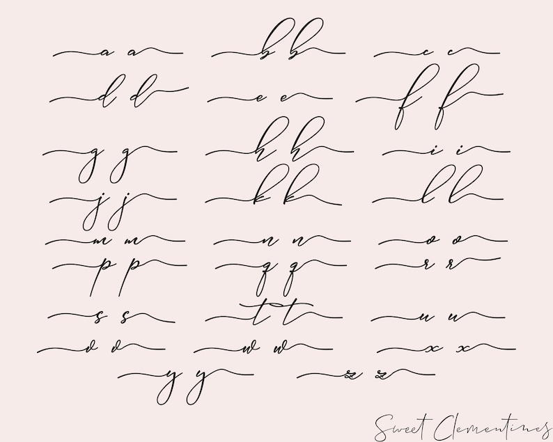 May include: A set of 26 cursive alphabet letters, each letter is written twice in a flowing script. The letters are written in black ink on a light pink background. The text "Sweet Clementines" is written in cursive at the bottom of the image.