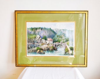 VILLAGE | Antique watercolor painting of small village