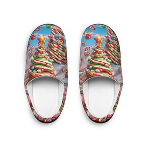 Festive Christmas Slippers, Cozy Holiday Indoor Slippers, Cute Christmas Gift for Her, Warm Slip-On Shoes, Candy Tree Design Slippers