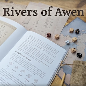 Rivers of Awen RPG Bundle, storytelling game book, dice set with bag, character sheet folder, tabletop roleplaying game, Celtic Druid Pagan